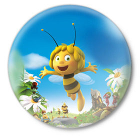 Значок с принтом Пчелка Майя в Новосибирске,  металл | круглая форма, металлическая застежка в виде булавки | вилли | майя | мая | пчелка | пчёлка майя | флип
