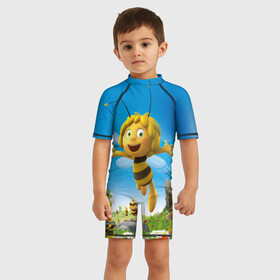 Детский купальный костюм 3D с принтом Пчелка Майя в Новосибирске, Полиэстер 85%, Спандекс 15% | застежка на молнии на спине | вилли | майя | мая | пчелка | пчёлка майя | флип