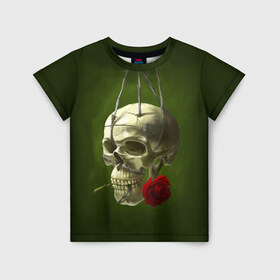 Детская футболка 3D с принтом Череп и роза в Новосибирске, 100% гипоаллергенный полиэфир | прямой крой, круглый вырез горловины, длина до линии бедер, чуть спущенное плечо, ткань немного тянется | Тематика изображения на принте: кости | роза | скелет | хэллоуин | цветок | цветы | череп