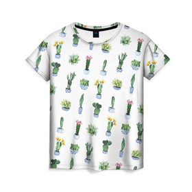 Женская футболка 3D с принтом Кактусы в Новосибирске, 100% полиэфир ( синтетическое хлопкоподобное полотно) | прямой крой, круглый вырез горловины, длина до линии бедер | горшок | зеленый | кактус | принт | растение | флора | цветы