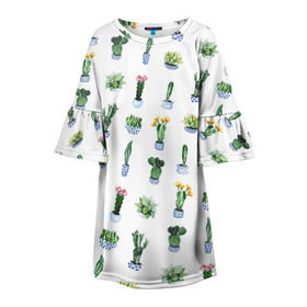 Детское платье 3D с принтом Кактусы в Новосибирске, 100% полиэстер | прямой силуэт, чуть расширенный к низу. Круглая горловина, на рукавах — воланы | Тематика изображения на принте: горшок | зеленый | кактус | принт | растение | флора | цветы