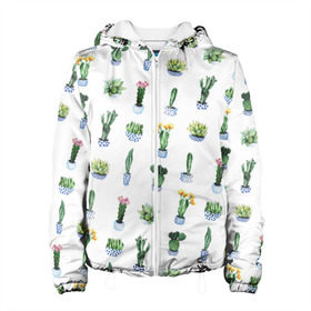 Женская куртка 3D с принтом Кактусы в Новосибирске, ткань верха — 100% полиэстер, подклад — флис | прямой крой, подол и капюшон оформлены резинкой с фиксаторами, два кармана без застежек по бокам, один большой потайной карман на груди. Карман на груди застегивается на липучку | горшок | зеленый | кактус | принт | растение | флора | цветы