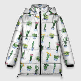 Женская зимняя куртка 3D с принтом Кактусы в Новосибирске, верх — 100% полиэстер; подкладка — 100% полиэстер; утеплитель — 100% полиэстер | длина ниже бедра, силуэт Оверсайз. Есть воротник-стойка, отстегивающийся капюшон и ветрозащитная планка. 

Боковые карманы с листочкой на кнопках и внутренний карман на молнии | горшок | зеленый | кактус | принт | растение | флора | цветы