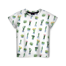 Детская футболка 3D с принтом Кактусы в Новосибирске, 100% гипоаллергенный полиэфир | прямой крой, круглый вырез горловины, длина до линии бедер, чуть спущенное плечо, ткань немного тянется | Тематика изображения на принте: горшок | зеленый | кактус | принт | растение | флора | цветы