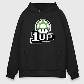 Мужское худи Oversize хлопок с принтом Mario 1up в Новосибирске, френч-терри — 70% хлопок, 30% полиэстер. Мягкий теплый начес внутри —100% хлопок | боковые карманы, эластичные манжеты и нижняя кромка, капюшон на магнитной кнопке | Тематика изображения на принте: dandy | mario | гриб | денди | жизнь | марио | мухомор