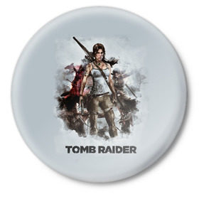 Значок с принтом TOMB RAIDER в Новосибирске,  металл | круглая форма, металлическая застежка в виде булавки | game | girl | gun | lara croft | tomb raider | девушка | игра | оружие | пистолет