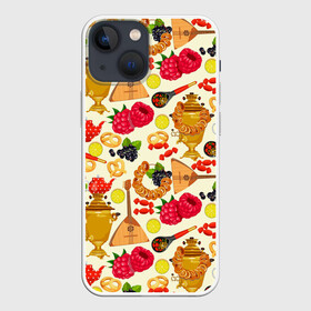 Чехол для iPhone 13 mini с принтом Народная кухня в Новосибирске,  |  | балалайка | еда | малина | малинки | матрешка | на руси | патриот | паттерн | русский | русь | самовар | сушки | тренды | чай | черника