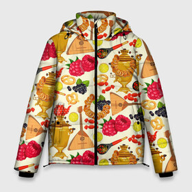 Мужская зимняя куртка 3D с принтом Народная кухня в Новосибирске, верх — 100% полиэстер; подкладка — 100% полиэстер; утеплитель — 100% полиэстер | длина ниже бедра, свободный силуэт Оверсайз. Есть воротник-стойка, отстегивающийся капюшон и ветрозащитная планка. 

Боковые карманы с листочкой на кнопках и внутренний карман на молнии. | Тематика изображения на принте: балалайка | еда | малина | малинки | матрешка | на руси | патриот | паттерн | русский | русь | самовар | сушки | тренды | чай | черника