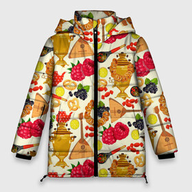 Женская зимняя куртка 3D с принтом Народная кухня в Новосибирске, верх — 100% полиэстер; подкладка — 100% полиэстер; утеплитель — 100% полиэстер | длина ниже бедра, силуэт Оверсайз. Есть воротник-стойка, отстегивающийся капюшон и ветрозащитная планка. 

Боковые карманы с листочкой на кнопках и внутренний карман на молнии | балалайка | еда | малина | малинки | матрешка | на руси | патриот | паттерн | русский | русь | самовар | сушки | тренды | чай | черника