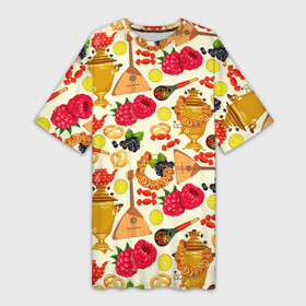 Платье-футболка 3D с принтом Народная кухня в Новосибирске,  |  | балалайка | еда | малина | малинки | матрешка | на руси | патриот | паттерн | русский | русь | самовар | сушки | тренды | чай | черника