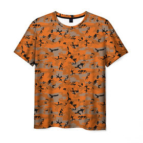 Мужская футболка 3D с принтом Осенний камуфляж в Новосибирске, 100% полиэфир | прямой крой, круглый вырез горловины, длина до линии бедер | военный | оронжевый | серый | черный