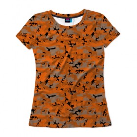 Женская футболка 3D с принтом Осенний камуфляж в Новосибирске, 100% полиэфир ( синтетическое хлопкоподобное полотно) | прямой крой, круглый вырез горловины, длина до линии бедер | военный | оронжевый | серый | черный