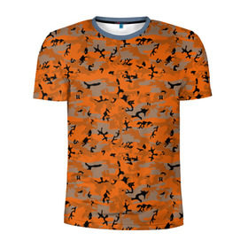 Мужская футболка 3D спортивная с принтом Осенний камуфляж в Новосибирске, 100% полиэстер с улучшенными характеристиками | приталенный силуэт, круглая горловина, широкие плечи, сужается к линии бедра | военный | оронжевый | серый | черный
