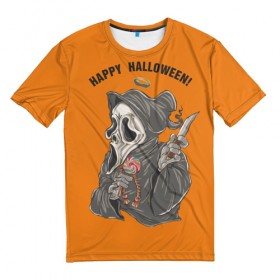 Мужская футболка 3D с принтом Happy Halloween в Новосибирске, 100% полиэфир | прямой крой, круглый вырез горловины, длина до линии бедер | helloween |  хэллоуин | день всех святых | крик | нож | праздник | ужас | хеллоуин | хеловин | хелоуин