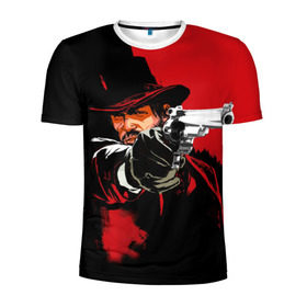 Мужская футболка 3D спортивная с принтом Red Dead Redemption в Новосибирске, 100% полиэстер с улучшенными характеристиками | приталенный силуэт, круглая горловина, широкие плечи, сужается к линии бедра | Тематика изображения на принте: cowboy | game | gun | jim | red dead redemption | rockstar | west | вестерн | дикий запад | игра | ковбой | оружие | пистолет