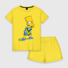 Женская пижама с шортиками хлопок с принтом Bart Simpson в Новосибирске, 100% хлопок | футболка прямого кроя, шорты свободные с широкой мягкой резинкой | барт | разбойник | рогатка. | симпсоны