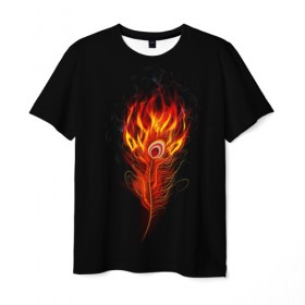 Мужская футболка 3D с принтом Огненное перо в Новосибирске, 100% полиэфир | прямой крой, круглый вырез горловины, длина до линии бедер | fire | flame | in fire | smoke | в огне | дым | огненное перо | огненный | огонь