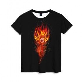 Женская футболка 3D с принтом Огненное перо в Новосибирске, 100% полиэфир ( синтетическое хлопкоподобное полотно) | прямой крой, круглый вырез горловины, длина до линии бедер | fire | flame | in fire | smoke | в огне | дым | огненное перо | огненный | огонь