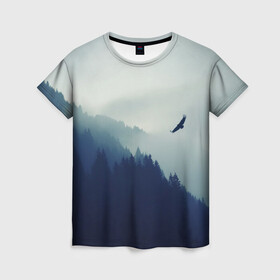 Женская футболка 3D с принтом Орел над Лесом в Новосибирске, 100% полиэфир ( синтетическое хлопкоподобное полотно) | прямой крой, круглый вырез горловины, длина до линии бедер | bird | dark | fog | forest | heaven | jh k | ktc | sky | texture | деревья | животные | лес | небо | орел | природа | птица | птицы | текстуры | тёмный лес | туман