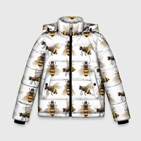 Зимняя куртка для мальчиков 3D с принтом Пчелы в Новосибирске, ткань верха — 100% полиэстер; подклад — 100% полиэстер, утеплитель — 100% полиэстер | длина ниже бедра, удлиненная спинка, воротник стойка и отстегивающийся капюшон. Есть боковые карманы с листочкой на кнопках, утяжки по низу изделия и внутренний карман на молнии. 

Предусмотрены светоотражающий принт на спинке, радужный светоотражающий элемент на пуллере молнии и на резинке для утяжки | белый | желтый | крылья | мед | черный