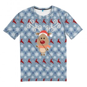 Мужская футболка 3D с принтом Олень в Новосибирске, 100% полиэфир | прямой крой, круглый вырез горловины, длина до линии бедер | дед мороз | зима | новый год | олень | праздник | рождество | снег | снежинки