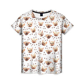 Женская футболка 3D с принтом Собаки Паттерн в Новосибирске, 100% полиэфир ( синтетическое хлопкоподобное полотно) | прямой крой, круглый вырез горловины, длина до линии бедер | акварель | лапа | лапки | мопс | пес | псы | след | собакен | чихуа