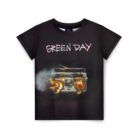 Детская футболка 3D с принтом Green Day магнитофон в огне в Новосибирске, 100% гипоаллергенный полиэфир | прямой крой, круглый вырез горловины, длина до линии бедер, чуть спущенное плечо, ткань немного тянется | Тематика изображения на принте: american idiot | green day | альтернативный | билли джо армстронг | грин дей | группа | зелёный день | майк дёрнт | музыка | панк | поп | поппанк | рок | тре кул