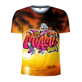 Мужская футболка 3D спортивная с принтом Miami Beach в Новосибирске, 100% полиэстер с улучшенными характеристиками | приталенный силуэт, круглая горловина, широкие плечи, сужается к линии бедра | Тематика изображения на принте: закат | майами | пейзаж | пляж | солнце