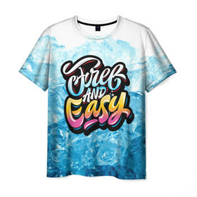 Мужская футболка 3D с принтом Free and Easy в Новосибирске, 100% полиэфир | прямой крой, круглый вырез горловины, длина до линии бедер | beach | miami | граффити | желтый | закат | краски | лед | майами | надписи | панама | пляж | розовый | солнце | фламинго | яркие