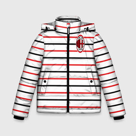 Зимняя куртка для мальчиков 3D с принтом AC Milan - Stripe white в Новосибирске, ткань верха — 100% полиэстер; подклад — 100% полиэстер, утеплитель — 100% полиэстер | длина ниже бедра, удлиненная спинка, воротник стойка и отстегивающийся капюшон. Есть боковые карманы с листочкой на кнопках, утяжки по низу изделия и внутренний карман на молнии. 

Предусмотрены светоотражающий принт на спинке, радужный светоотражающий элемент на пуллере молнии и на резинке для утяжки | ac | fc | football | milan | милан | футбол