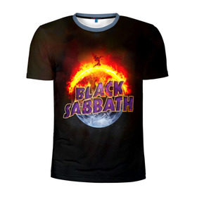 Мужская футболка 3D спортивная с принтом Black Sabbath земля в огне в Новосибирске, 100% полиэстер с улучшенными характеристиками | приталенный силуэт, круглая горловина, широкие плечи, сужается к линии бедра | Тематика изображения на принте: black sabbath | группа | метал | надпись | оззи | осборн | хард рок | хеви метал