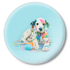 Значок с принтом Юный художник в Новосибирске,  металл | круглая форма, металлическая застежка в виде булавки | animal | dog | дог | долматинец | друг | краски | собака | художник | щенок