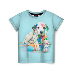 Детская футболка 3D с принтом Юный художник в Новосибирске, 100% гипоаллергенный полиэфир | прямой крой, круглый вырез горловины, длина до линии бедер, чуть спущенное плечо, ткань немного тянется | animal | dog | дог | долматинец | друг | краски | собака | художник | щенок