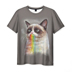 Мужская футболка 3D с принтом Grumpy Cat в Новосибирске, 100% полиэфир | прямой крой, круглый вырез горловины, длина до линии бедер | animal | cat | grumpy cat | животное | кот | котенок | кошка | радуга