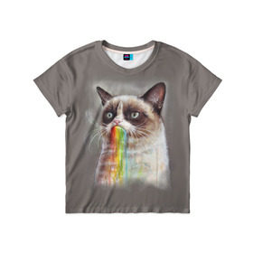Детская футболка 3D с принтом Grumpy Cat в Новосибирске, 100% гипоаллергенный полиэфир | прямой крой, круглый вырез горловины, длина до линии бедер, чуть спущенное плечо, ткань немного тянется | Тематика изображения на принте: animal | cat | grumpy cat | животное | кот | котенок | кошка | радуга