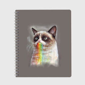 Тетрадь с принтом Grumpy Cat в Новосибирске, 100% бумага | 48 листов, плотность листов — 60 г/м2, плотность картонной обложки — 250 г/м2. Листы скреплены сбоку удобной пружинной спиралью. Уголки страниц и обложки скругленные. Цвет линий — светло-серый
 | Тематика изображения на принте: animal | cat | grumpy cat | животное | кот | котенок | кошка | радуга
