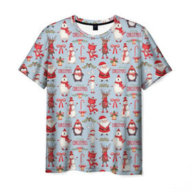 Мужская футболка 3D с принтом Рождественская Милота в Новосибирске, 100% полиэфир | прямой крой, круглый вырез горловины, длина до линии бедер | Тематика изображения на принте: дед мороз | заяц | колокольчик | лиса | лисичка | медведь | олень | омела | пингвин | санта клаус