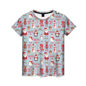 Женская футболка 3D с принтом Рождественская Милота в Новосибирске, 100% полиэфир ( синтетическое хлопкоподобное полотно) | прямой крой, круглый вырез горловины, длина до линии бедер | дед мороз | заяц | колокольчик | лиса | лисичка | медведь | олень | омела | пингвин | санта клаус