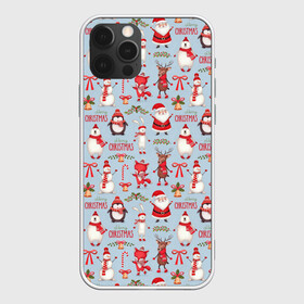 Чехол для iPhone 12 Pro с принтом Рождественская Милота в Новосибирске, силикон | область печати: задняя сторона чехла, без боковых панелей | дед мороз | заяц | колокольчик | лиса | лисичка | медведь | олень | омела | пингвин | санта клаус