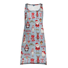 Платье-майка 3D с принтом Рождественская Милота в Новосибирске, 100% полиэстер | полуприлегающий силуэт, широкие бретели, круглый вырез горловины, удлиненный подол сзади. | дед мороз | заяц | колокольчик | лиса | лисичка | медведь | олень | омела | пингвин | санта клаус