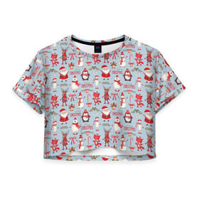 Женская футболка 3D укороченная с принтом Рождественская Милота в Новосибирске, 100% полиэстер | круглая горловина, длина футболки до линии талии, рукава с отворотами | дед мороз | заяц | колокольчик | лиса | лисичка | медведь | олень | омела | пингвин | санта клаус