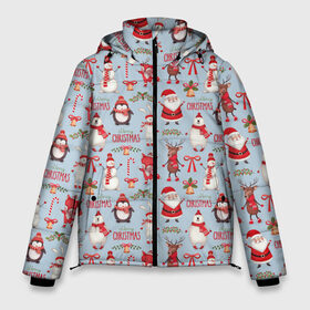 Мужская зимняя куртка 3D с принтом Рождественская Милота в Новосибирске, верх — 100% полиэстер; подкладка — 100% полиэстер; утеплитель — 100% полиэстер | длина ниже бедра, свободный силуэт Оверсайз. Есть воротник-стойка, отстегивающийся капюшон и ветрозащитная планка. 

Боковые карманы с листочкой на кнопках и внутренний карман на молнии. | Тематика изображения на принте: дед мороз | заяц | колокольчик | лиса | лисичка | медведь | олень | омела | пингвин | санта клаус