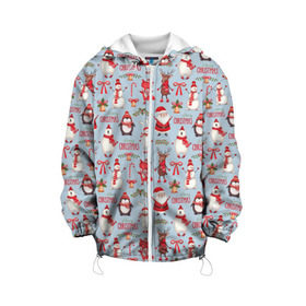 Детская куртка 3D с принтом Рождественская Милота в Новосибирске, 100% полиэстер | застежка — молния, подол и капюшон оформлены резинкой с фиксаторами, по бокам — два кармана без застежек, один потайной карман на груди, плотность верхнего слоя — 90 г/м2; плотность флисового подклада — 260 г/м2 | дед мороз | заяц | колокольчик | лиса | лисичка | медведь | олень | омела | пингвин | санта клаус