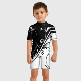 Детский купальный костюм 3D с принтом Цветочный узор Black & White в Новосибирске, Полиэстер 85%, Спандекс 15% | застежка на молнии на спине | абстракция | белый | инь янь | модные | прикольные картинки | природа | растения | тренды | узоры | цветы | черный