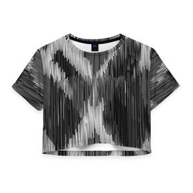 Женская футболка 3D укороченная с принтом Черно-белая штриховка в Новосибирске, 100% полиэстер | круглая горловина, длина футболки до линии талии, рукава с отворотами | watercolor | абстракция красок | акварель | брызги красок | краска | потертость красок