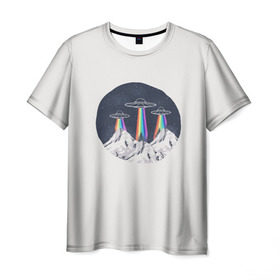 Мужская футболка 3D с принтом НЛО в Горах в Новосибирске, 100% полиэфир | прямой крой, круглый вырез горловины, длина до линии бедер | Тематика изображения на принте: горы | елки | звезды | земля | инопланетяне | небо | ночь | радуга | снег | тарелка | эверест | эльбрус