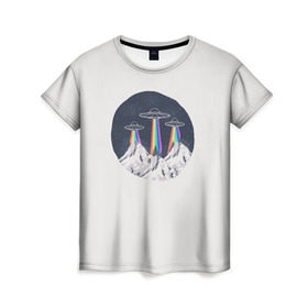Женская футболка 3D с принтом НЛО в Горах в Новосибирске, 100% полиэфир ( синтетическое хлопкоподобное полотно) | прямой крой, круглый вырез горловины, длина до линии бедер | горы | елки | звезды | земля | инопланетяне | небо | ночь | радуга | снег | тарелка | эверест | эльбрус