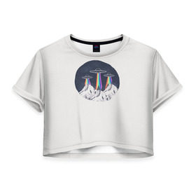 Женская футболка 3D укороченная с принтом НЛО в Горах в Новосибирске, 100% полиэстер | круглая горловина, длина футболки до линии талии, рукава с отворотами | горы | елки | звезды | земля | инопланетяне | небо | ночь | радуга | снег | тарелка | эверест | эльбрус