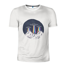 Мужская футболка 3D спортивная с принтом НЛО в Горах в Новосибирске, 100% полиэстер с улучшенными характеристиками | приталенный силуэт, круглая горловина, широкие плечи, сужается к линии бедра | Тематика изображения на принте: горы | елки | звезды | земля | инопланетяне | небо | ночь | радуга | снег | тарелка | эверест | эльбрус