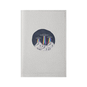 Обложка для паспорта матовая кожа с принтом НЛО в Горах в Новосибирске, натуральная матовая кожа | размер 19,3 х 13,7 см; прозрачные пластиковые крепления | Тематика изображения на принте: горы | елки | звезды | земля | инопланетяне | небо | ночь | радуга | снег | тарелка | эверест | эльбрус